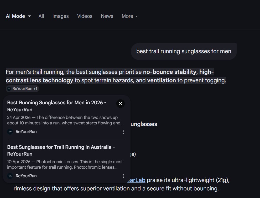 Google AI Mode result for ‘best trail running sunglasses for men’ showing two Reyourrun articles cited as primary sources.