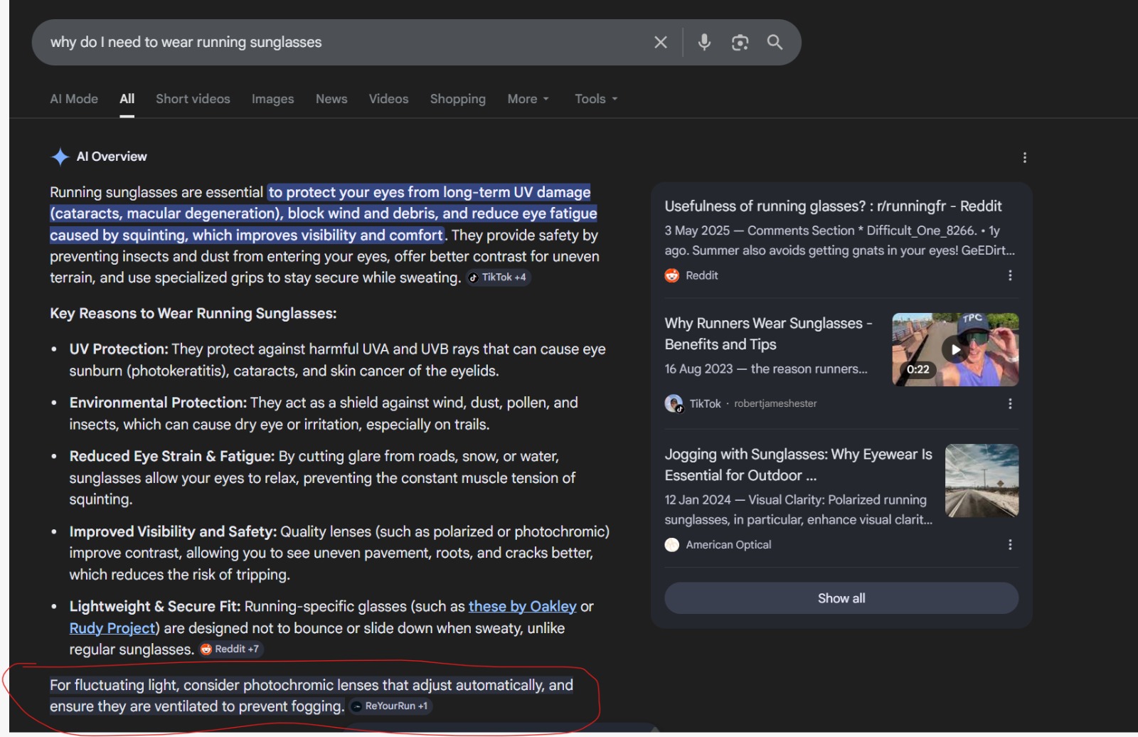 Google AI Overview for ‘why do I need to wear running sunglasses’ with specific text attributed to Reyourrun.