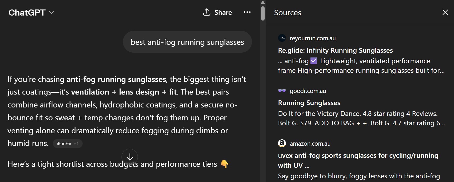 ChatGPT result for ‘best anti-fog running sunglasses’ with Reyourrun cited as the #1 source ahead of goodr.com.au and amazon.com.au.