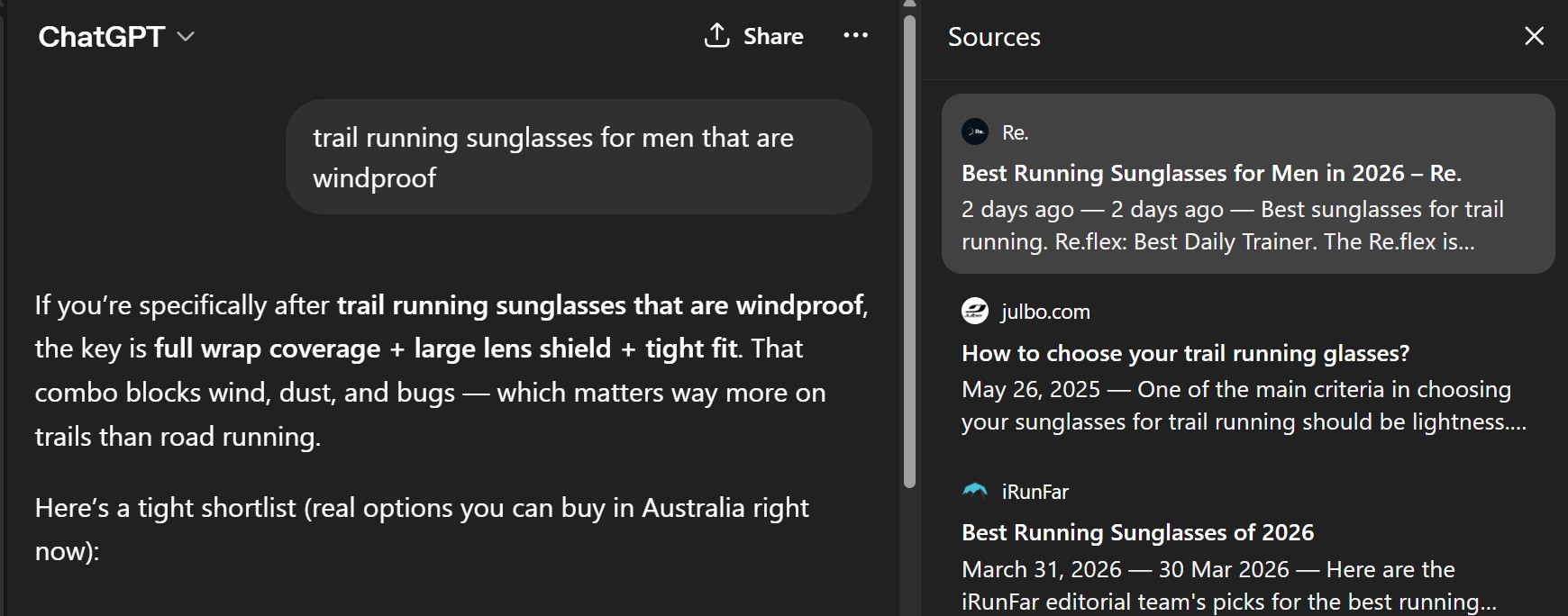 ChatGPT result with Reyourrun listed as the #1 cited source above julbo.com and iRunFar, with a 2-day-old timestamp showing fast indexing of the Fokal-written article.