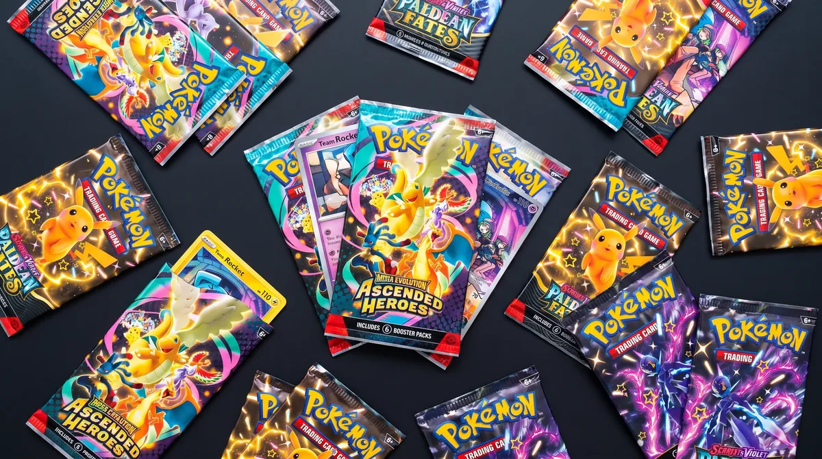 A Fokal-generated photo of real, recognisable trading-card products, compared against a generic AI photo of invented ones.